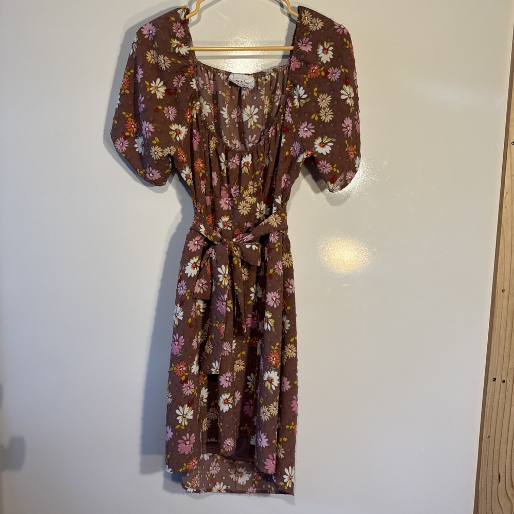 Sadie & Sage Brown Floral Short-Sleeve Open-Back Dress Size Large Spring Casual
